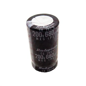 خازن الکترولیت 680 میکرو فاراد 200 ولت سایز 41*22 پایه میخی °105 روبیکون