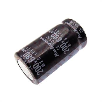 خازن الکترولیت 680 میکرو فاراد 200 ولت سایز 41*22 پایه میخی °105 روبیکون